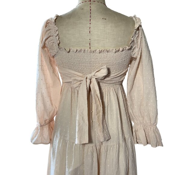 R.vivimos Puff Sleeves Bow Off-Shoulder Boho Midi Dress Medium 8/10 Beige - Picture 6 of 10